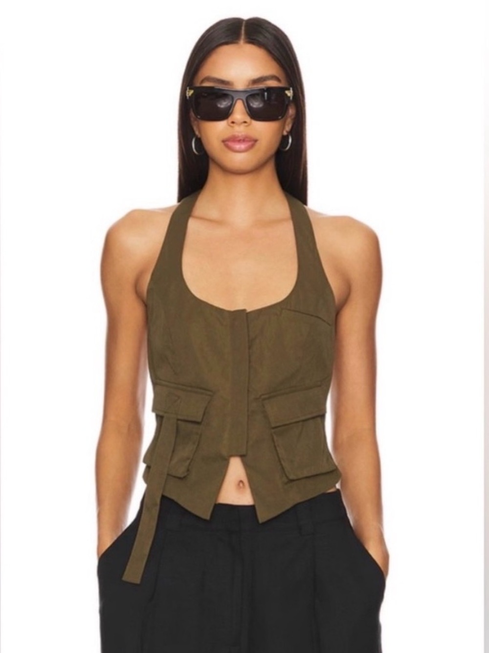 Superdown Olive Utility Halter Vest Top